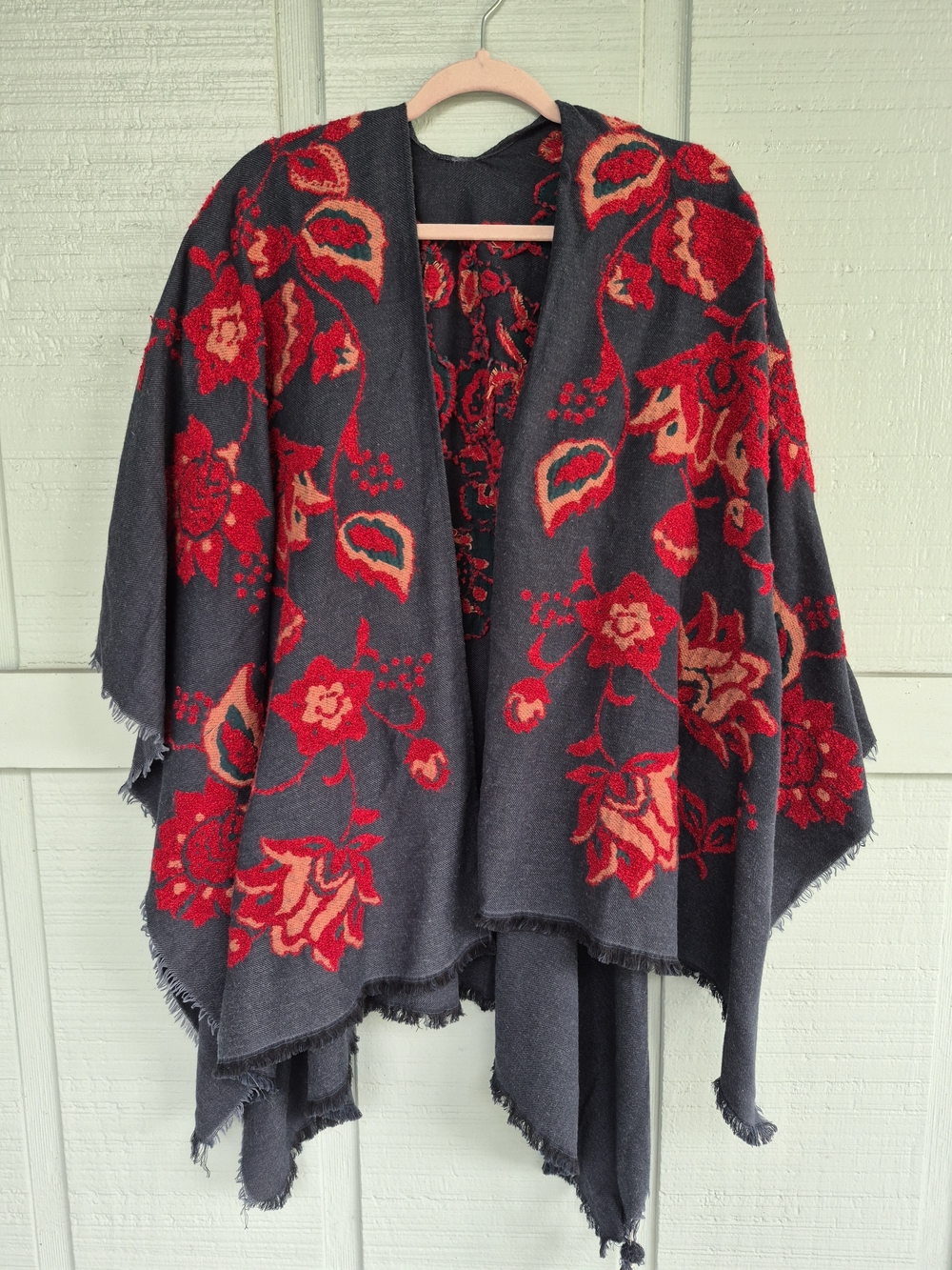 Lucky Brand Charcoal Wrap with Red Floral Embroidered Accents O/S
